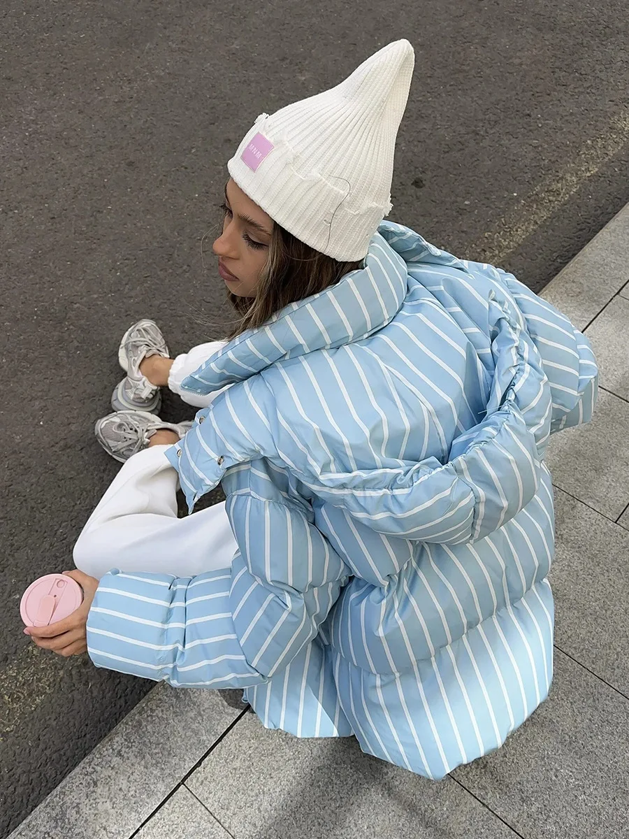 Bornladies Women's Winter New Striped Hooded Cotton Jacket Loose Fashion Personality Warm Cotton Coat Jacket Female Parkas