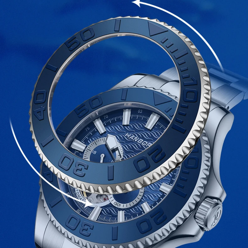 HANBORO Men Luxury Watch 43mm Automatic Mechanical Wristwatch Sport Waterproof Luminous Skeleton Ceramic Bezel 82S7 24 Hours