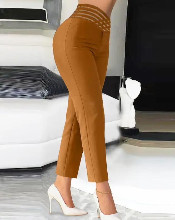 Women Pant Summer New Female Clothing Casual Trousers Overlap Waist Hollow Streetwear Fashion Ruched Sheer Mesh High Waist Pant