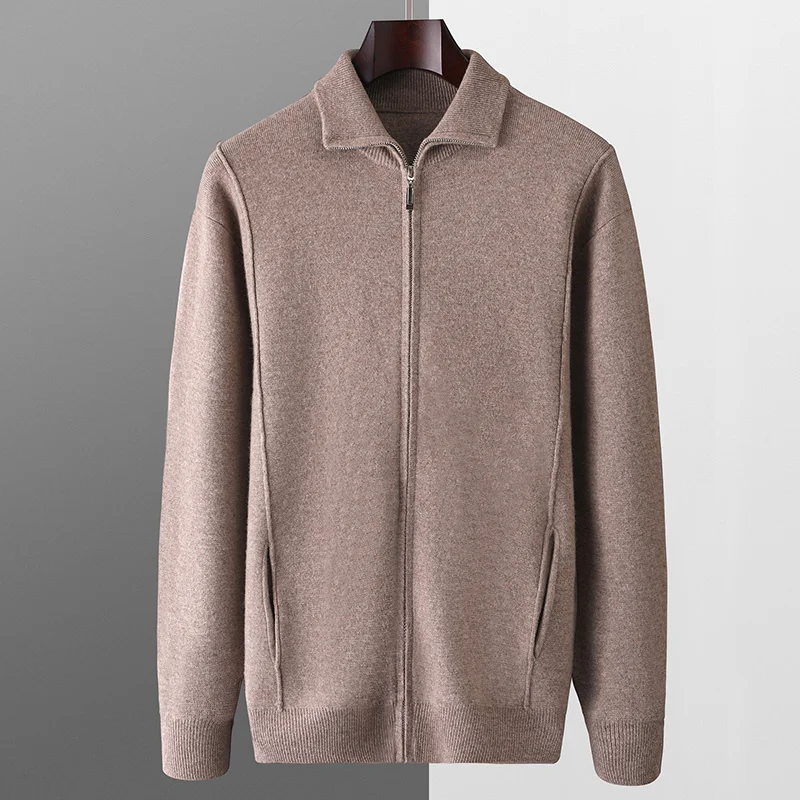 Hot Sale In Autumn And Winter 100% Wool Cardigan Men's Semi-High Collar Zipper Long Sleeve Business Casual Knitted Sweater Coat. 2