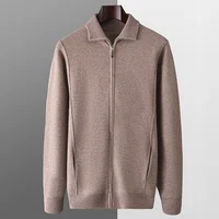 Hot Sale In Autumn And Winter 100% Wool Cardigan Men's Semi-High Collar Zipper Long Sleeve Business Casual Knitted Sweater Coat. 2