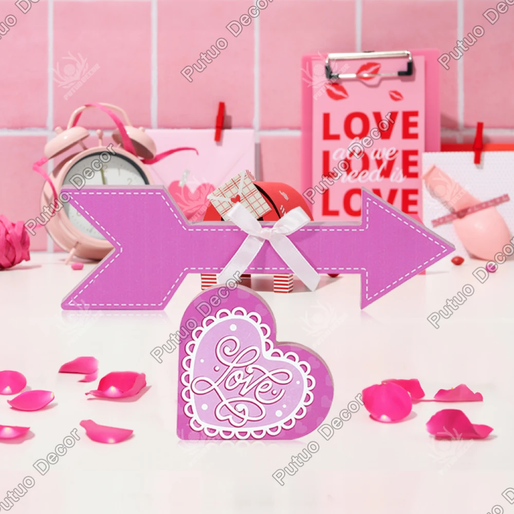 

Putuo Decor 2pc Pink Heart and Arrow Shaped Wooden Sign Table Decor, Valentine's Day Desktop Decoration for Home Bar Cafe