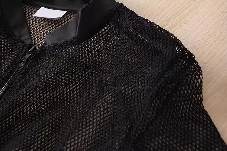 퓨어 컬러 섹시한 할로우 아웃 메쉬 요가 셔츠, 통기성 캐주얼 스포츠 작업복, 여성 피부 친화적 스탠딩 넥 지퍼 가디건