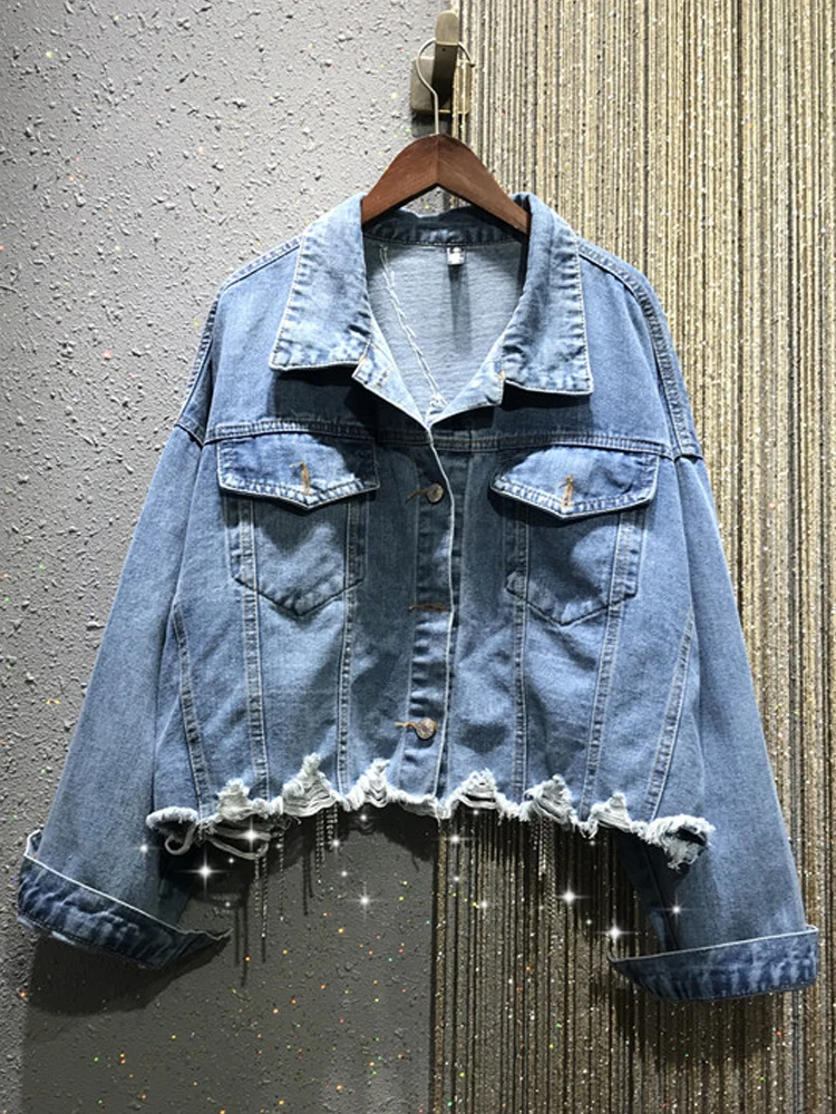 

Women's Rhinestone Tassel Asymmetric Denim Jacket Personality Loose Casual Long Sleeved Streetwear Single Breasted Coat Trend