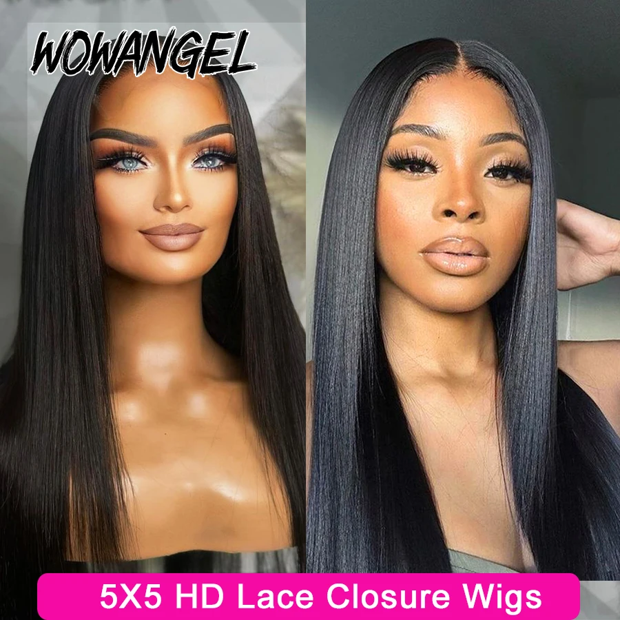 Glueless Wig Human Hair 5x5 HD Lace Closure Wigs 34 Inches Remy Silky Straight Invisible HD Lace Wigs Wow Angel 250%
