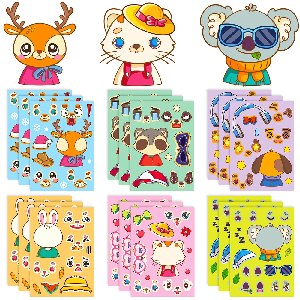 6/12Sheets Make a Face Cute Animal Puzzle Stickers DIY Cat Elephant Children Assemble Jigsaw Reward Kid Educational Party Favors montessori slide puzzle animal sliding logic game montessori educational wooden toys for ages 4 5 6 years old toddlers kids