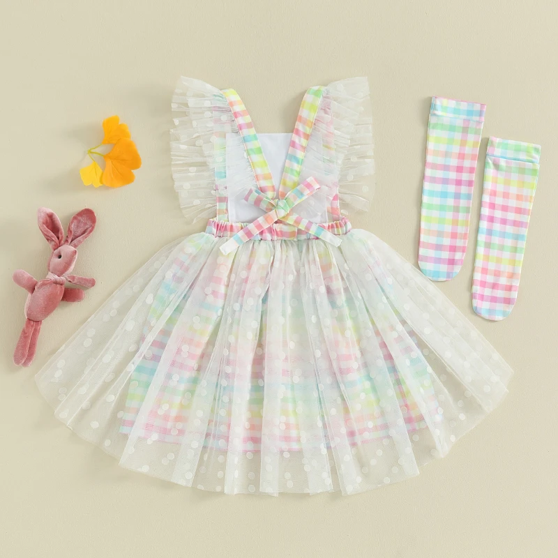 Wankitoi Infant Toddler Baby Girl Easter Outfit Bunny Romper Dress Tulle Sleeveless Lace Dress Socks Baby Girl Clothes