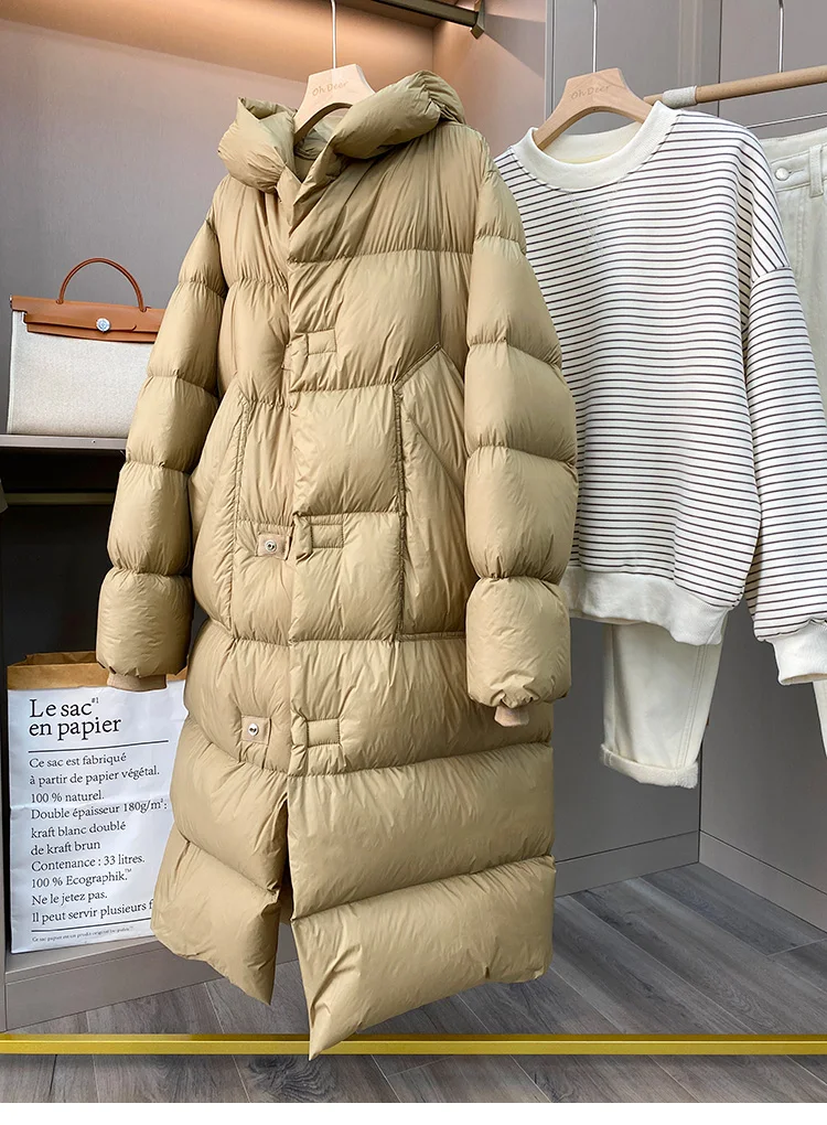 Janveny 2025 New Oversized Hooded Winter Puffer Jacket Women Solid Thick Warm Sashes Tie Up White Duck Down Over The Knee Coat