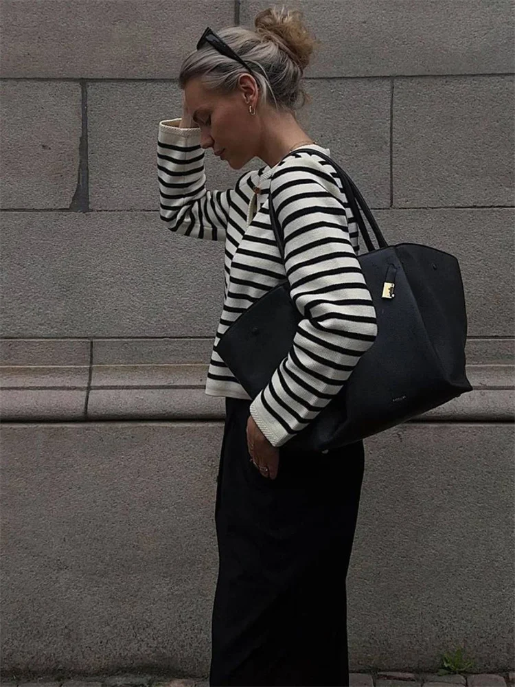 Suéter de punto a rayas, cárdigan, abrigo para mujer, suelto, de manga larga, a la moda, ajustado, con parches en contraste, prendas de vestir exteriores, abrigo de punto de verano