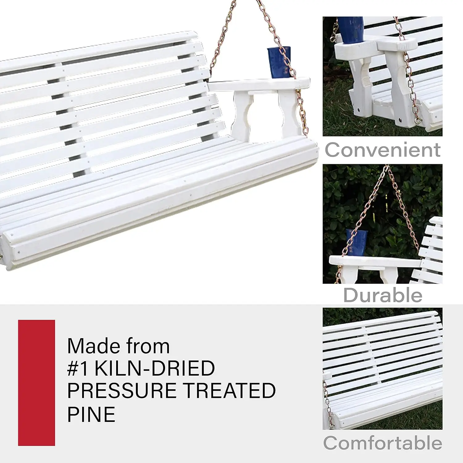 Amish Casual 4 Foot Roll Back Porch Swing Cup Holders Semi-Solid White Stain Amish Made in The USA From Treated Pine 700 Lb. 4
