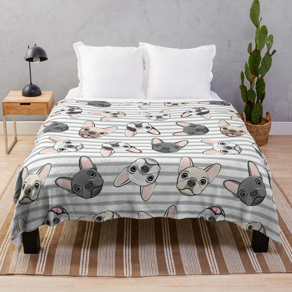 

All the frenchies - grey stripes - cute French bulldogs Throw Blanket Hairy Heavy Moving Blankets