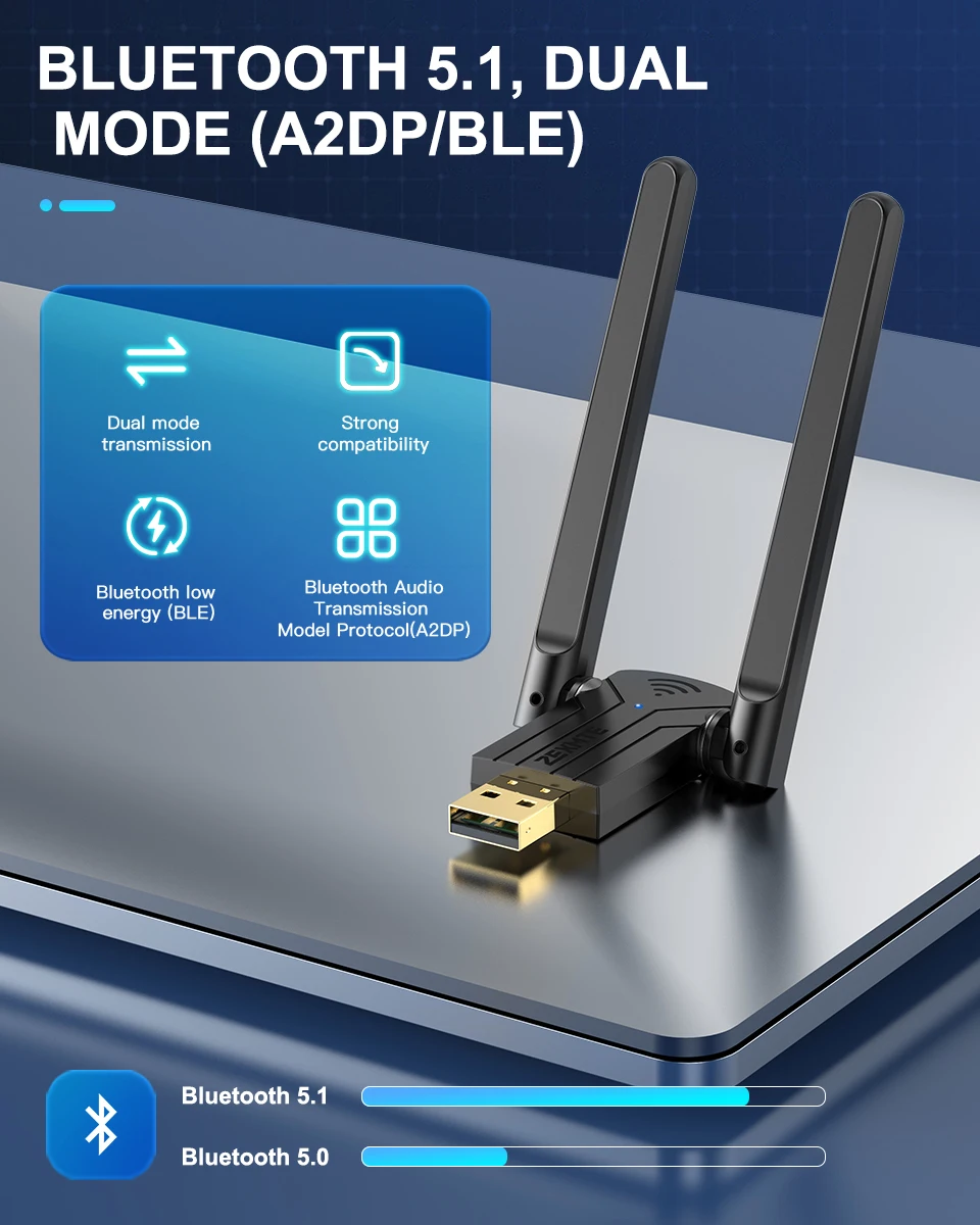 Zexmte-Adaptador Bluetooth Dual Band, USB, Transmissor, Receptor