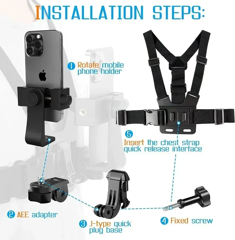 Description Picture 2 of itemHands Free Adjustable Phone Chest Strap Holder Stand Universal Stabilizer Selfie Stick Monopod for IPhone GoPro Go Pro Tripod