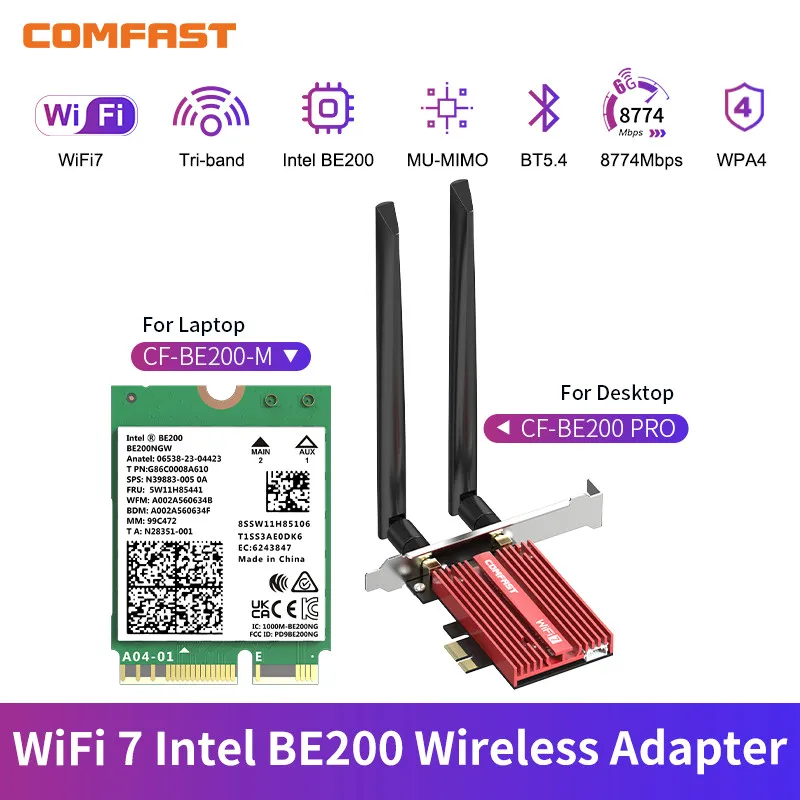 

Comfast 8774Mbps PCI-E Wireless Adapter WiFi 7 Intel BE200 WiFi Card 2.4G/5G/6GHz Tri Band Network Adapter BT5.4 Win10/11 Linux