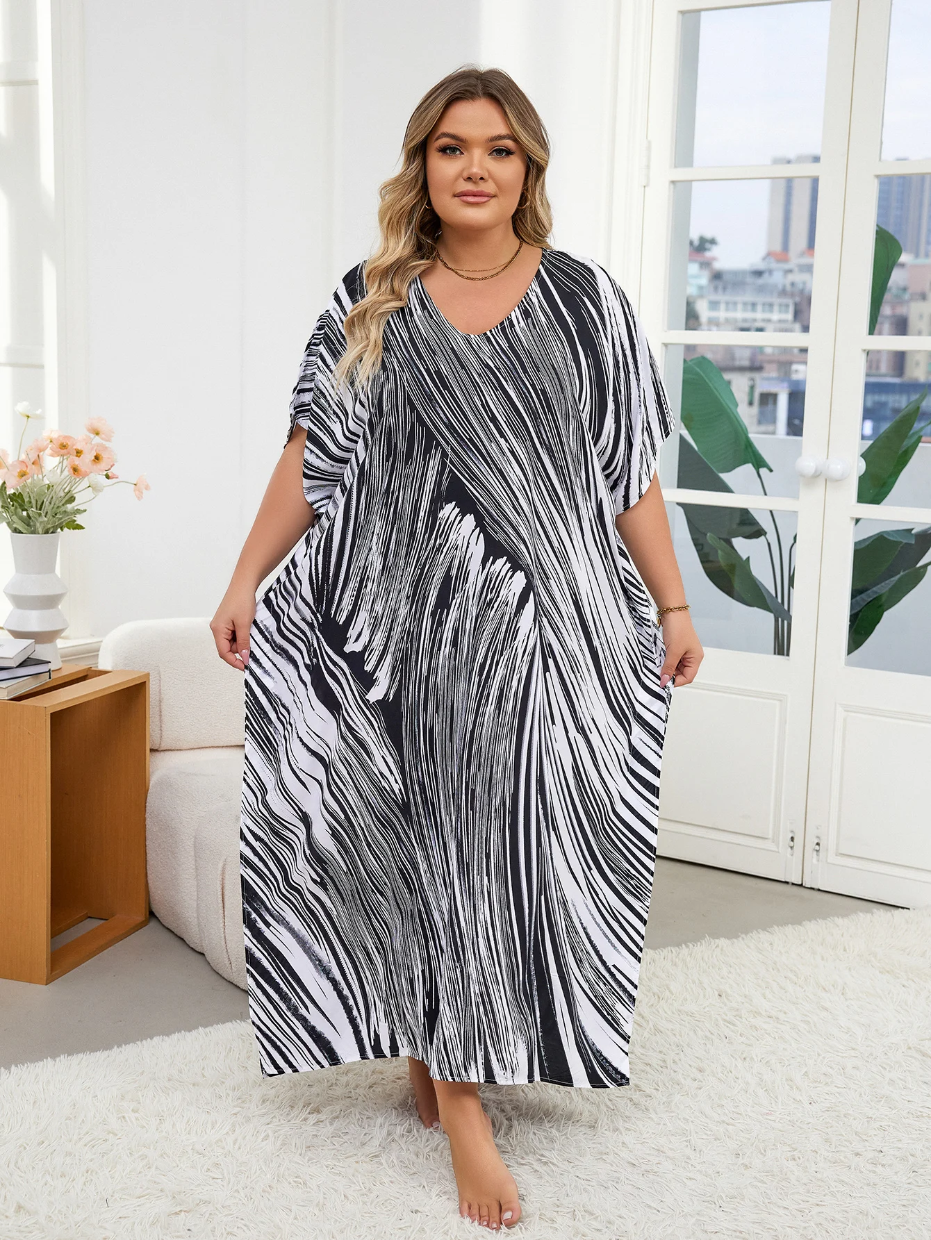 L-Peach Robe De Nuit Brodée Caftan Turc Fendu - Robe Plage Maillot Bain Taille Unique