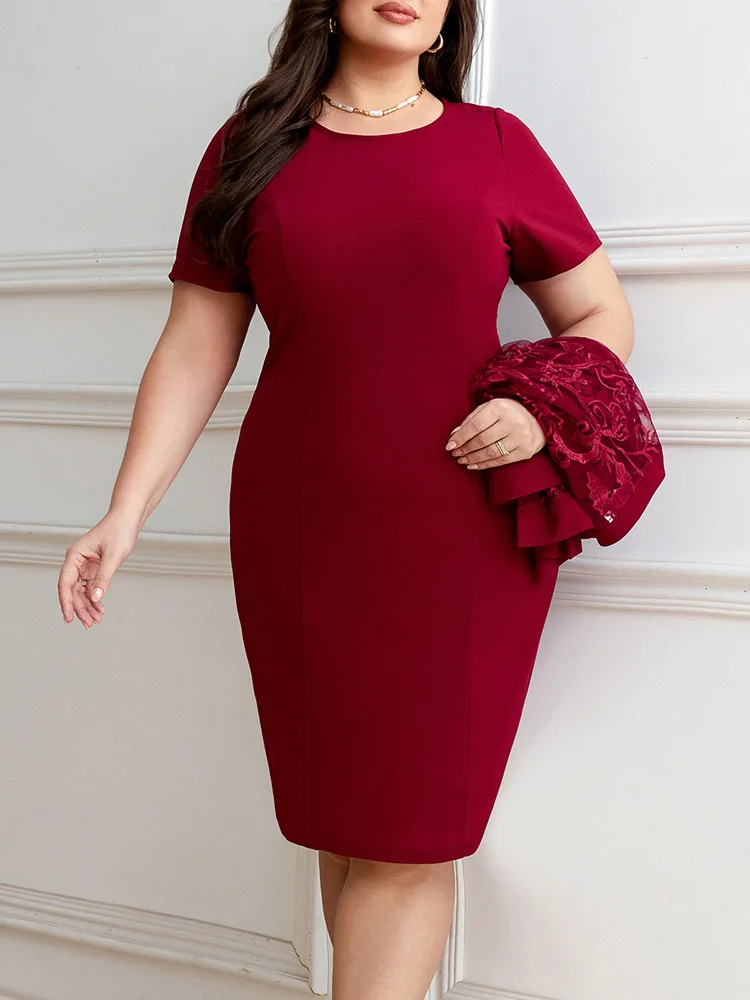 GIBSIE Plus Size Dress Sets For Women Summer 3/4 Sleeve Embroidery Short Coat Wedding Party Bridesmaid Bodycon Dress 2 Piece Set 4