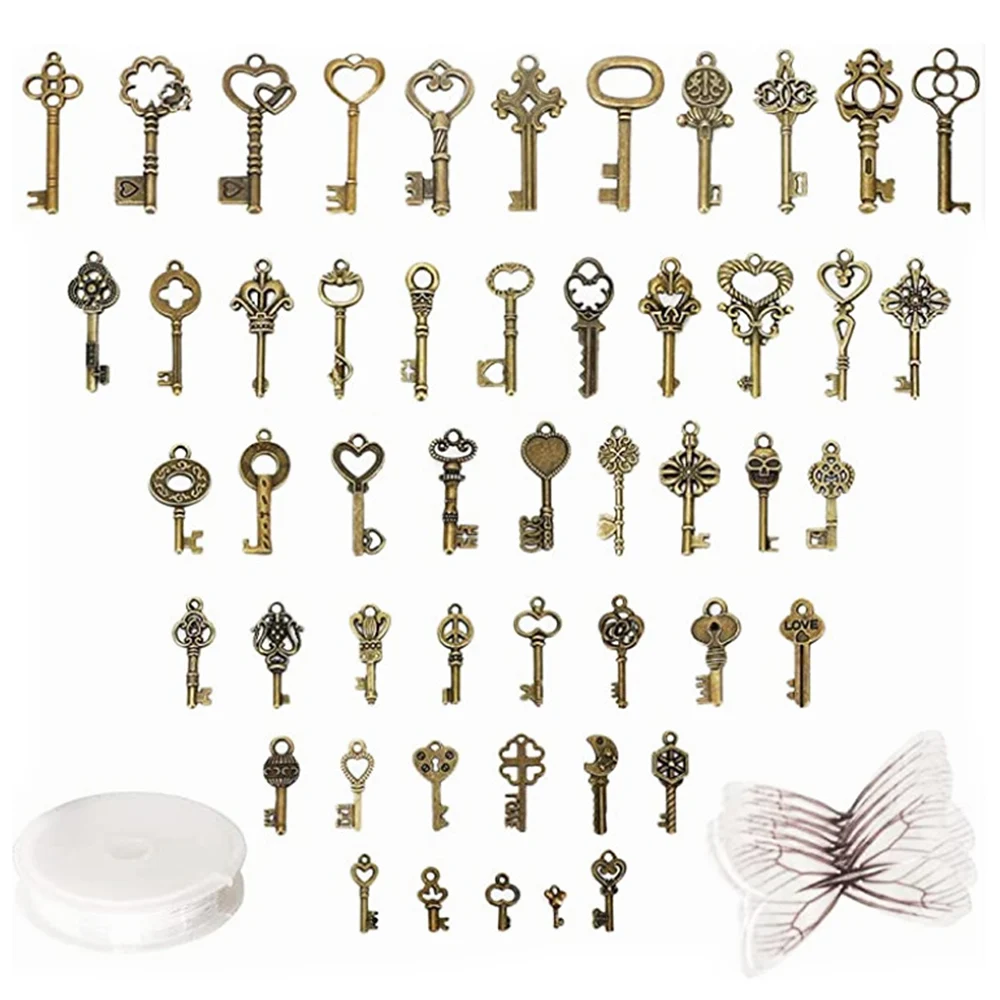 48 Chiavi Scheletro Vintage Con Ali Libellula + Corda Elastica - Kit Fai Da Te Per Gioielli E Decorazioni - 4