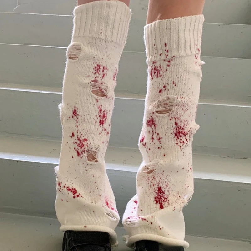 Harajuku Knitted Leg Warmers Y2K Gothic Women Japanese Autumn Winter Socks Ripped Blood Print Calf Socks Boots Cover Long Socks