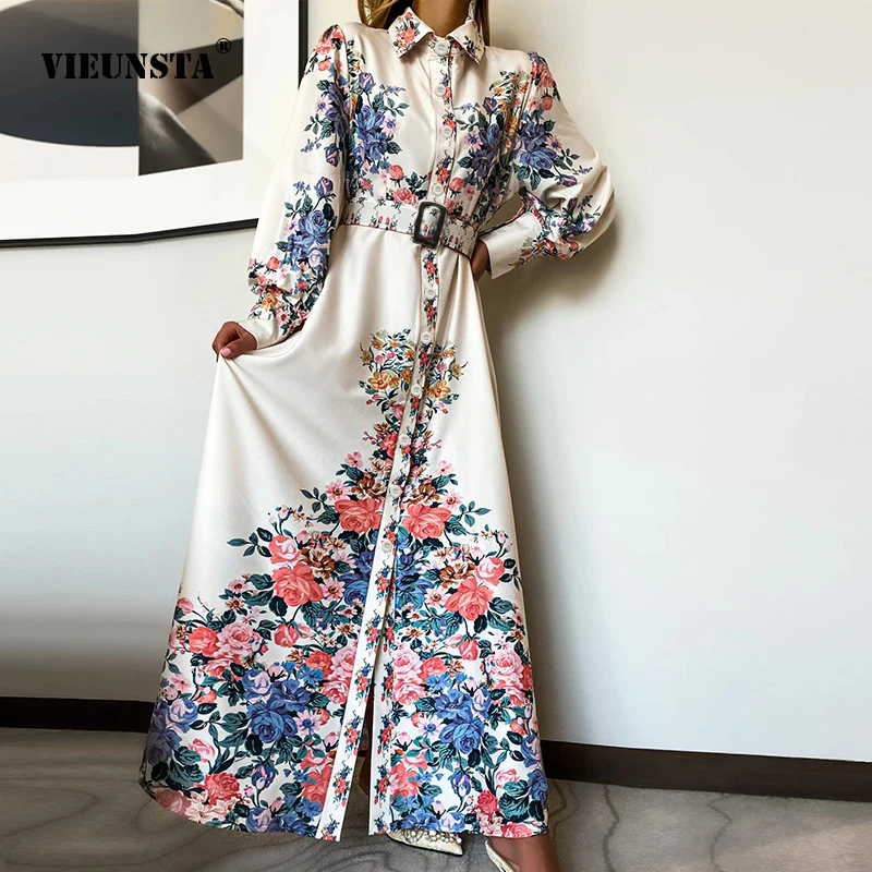 

Vestidos Fashion Temperament Party Long Dress 2023 Spring Women's Elegant Vintage Print Long-Sleeved Lapel Split Lace-Up Dresses