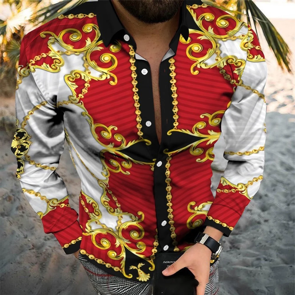 Men's Fashion Printed Shirts Long Sleeve Muscle Fitness Shirt And Blouse Button Lapel Party Dress Up Men Tops