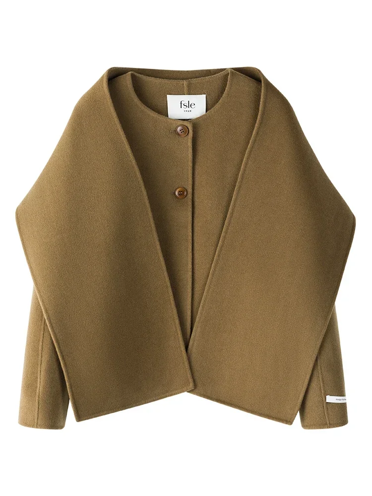 FSLE 100% Wool Camel Color Short Scarf Collar Coat For Women 89.3