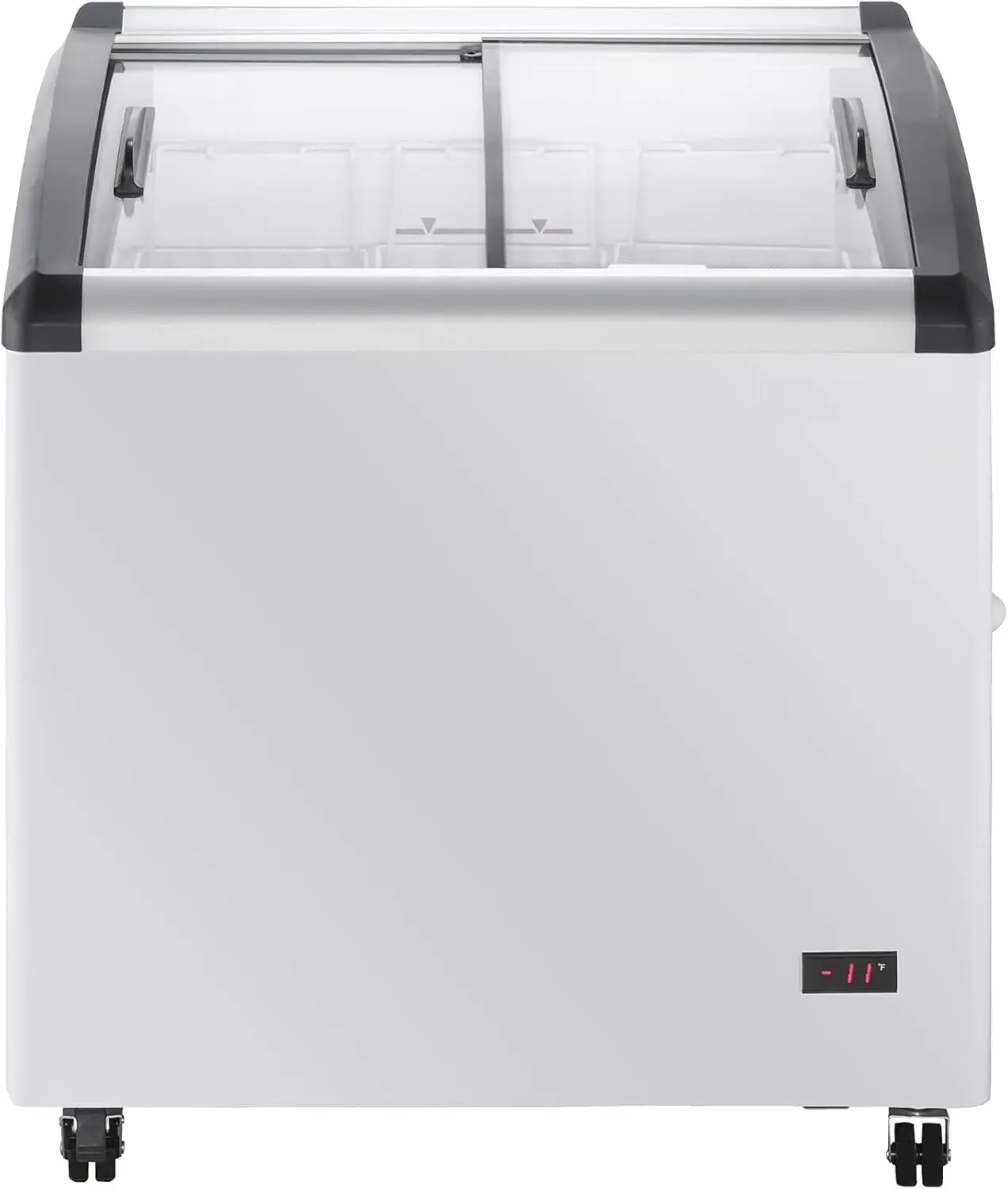 Commercial Mobile Ice Cream Display Chest Freezer Sub Zero Temp Curved Glass Top Frost Free Lid With 3 Wire Baskets 31.5 Inch