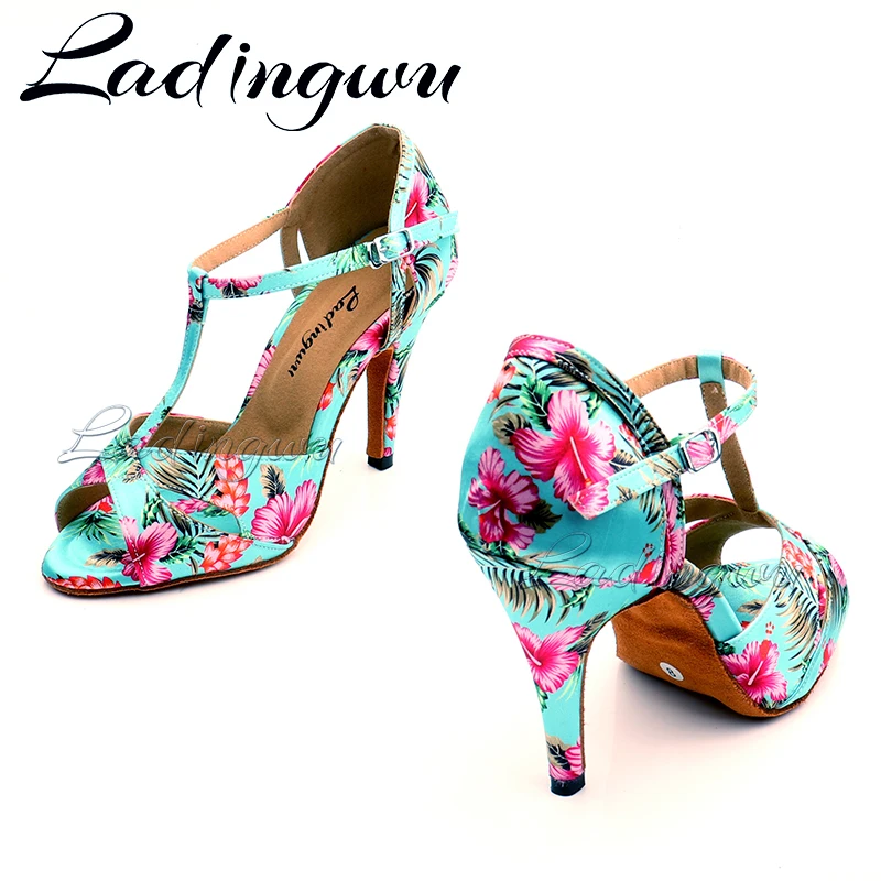 Ladingwu Tropical Print Satin Salsa Dance Shoes Woman Girls Simple Style Latin Dance Shoes Soft Bottom Ballroom Sandals