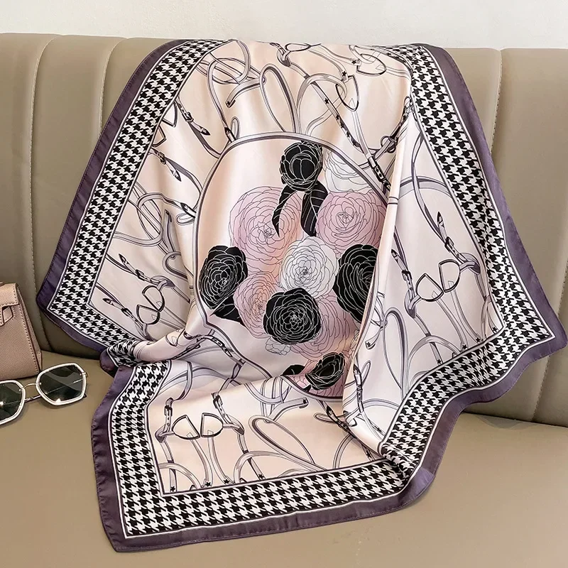 Spring and Autumn Women's 70cm Printed Silk-Feel Square Scarf