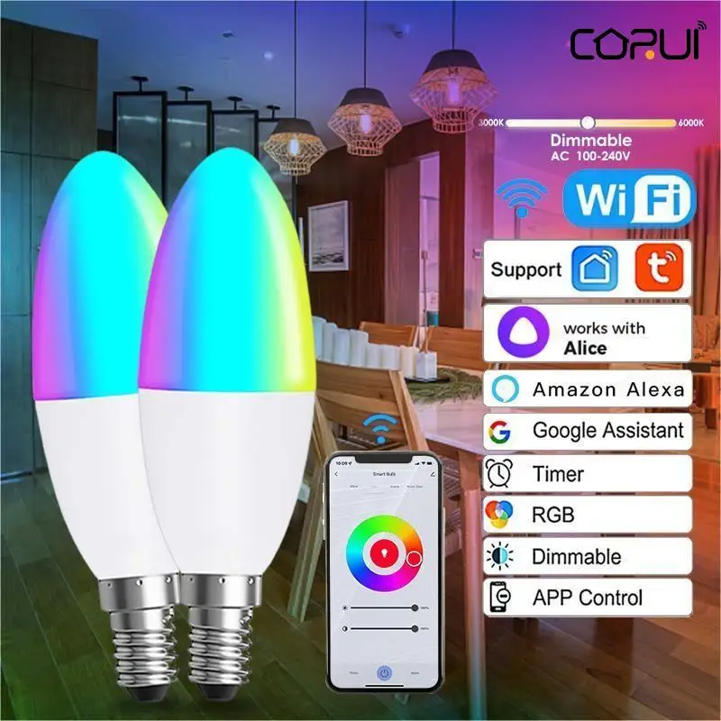 

CORUI E14 Tuya Wifi ZigBee Smart Candle Bulb RGB LED Light Music Bulb Smart Life Control Smart Home Alexa Google Home Alice