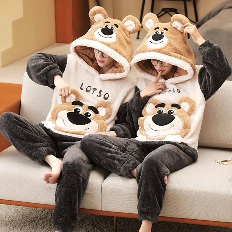 Couple Pajamas Set Women Men Thicken Pyjamas Winter Warm Anime Bear Kawaii Sleepwear Korean Loose Lovers Homewear Pijamas Suit