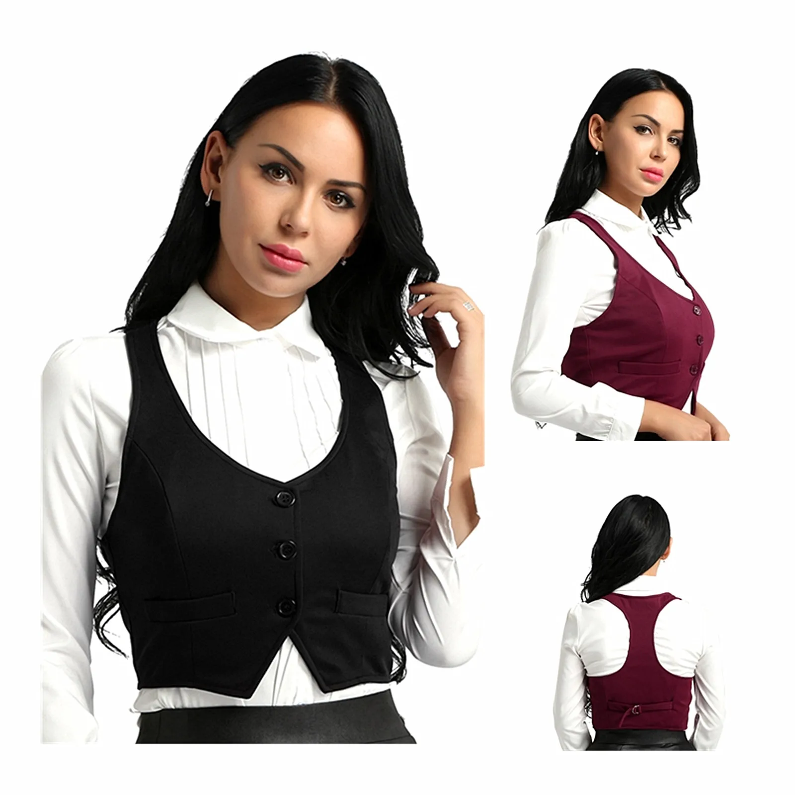 Womens Button Down Vest Fitted Racer Back Classic Shirts Fashion V-Neck Sleeveless Separate Waistcoat