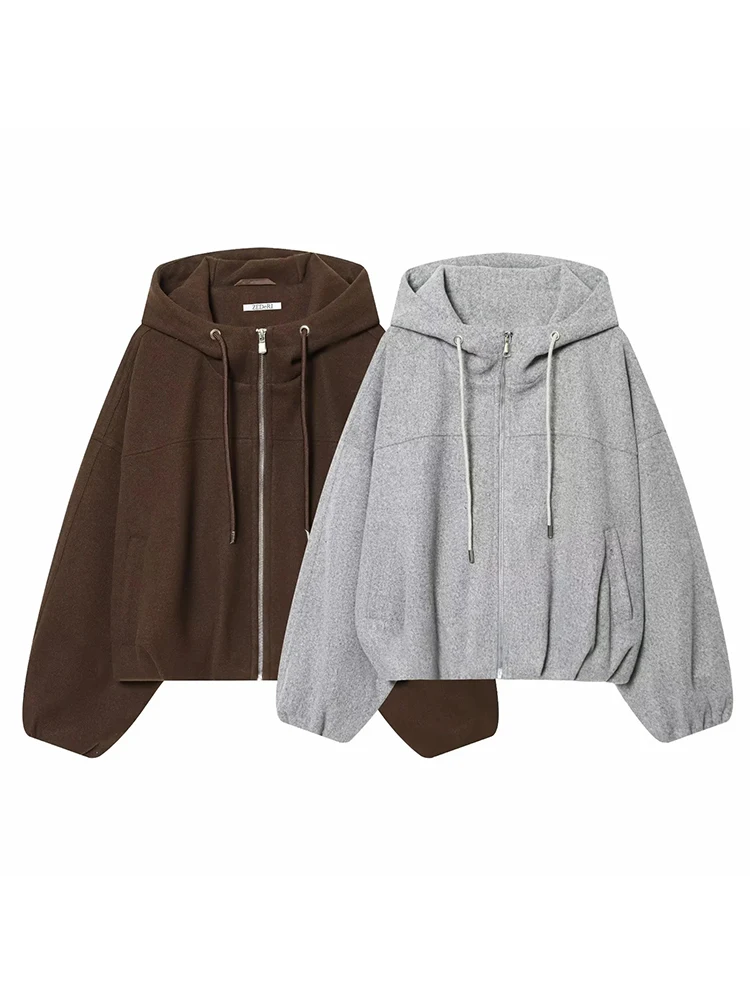 Damen Mode Lose Kapuzenjacke mit Reißverschluss und Kordelzug, Lässige Streetwear-Jacke mit Langen Ärmeln und Taschen