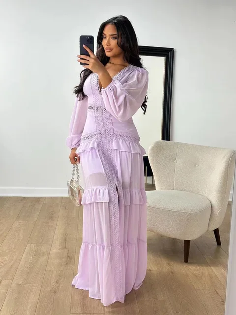 Robe Maxi élégante pour femmes, à volants, manches longues, ajourée, robes de soirée, Chic, vert, bleu, violet, nouveau, vacances d'été