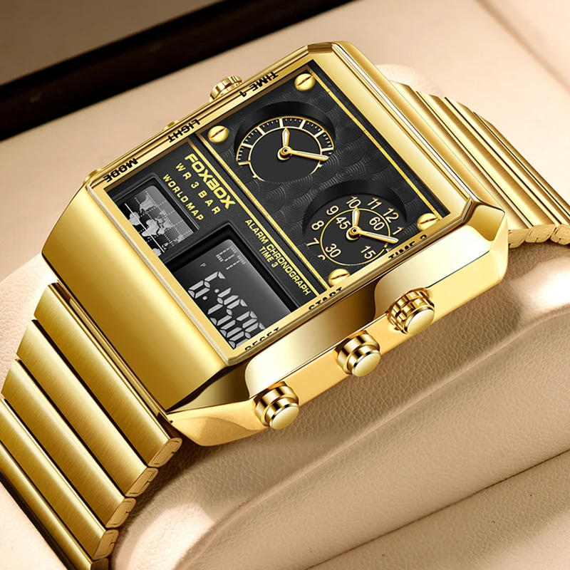 FOXBOX Classic Men's Digital Watches Luxury Square Stainless Steel Waterproof Watches Men Military Clock LED Sport Wristwatch