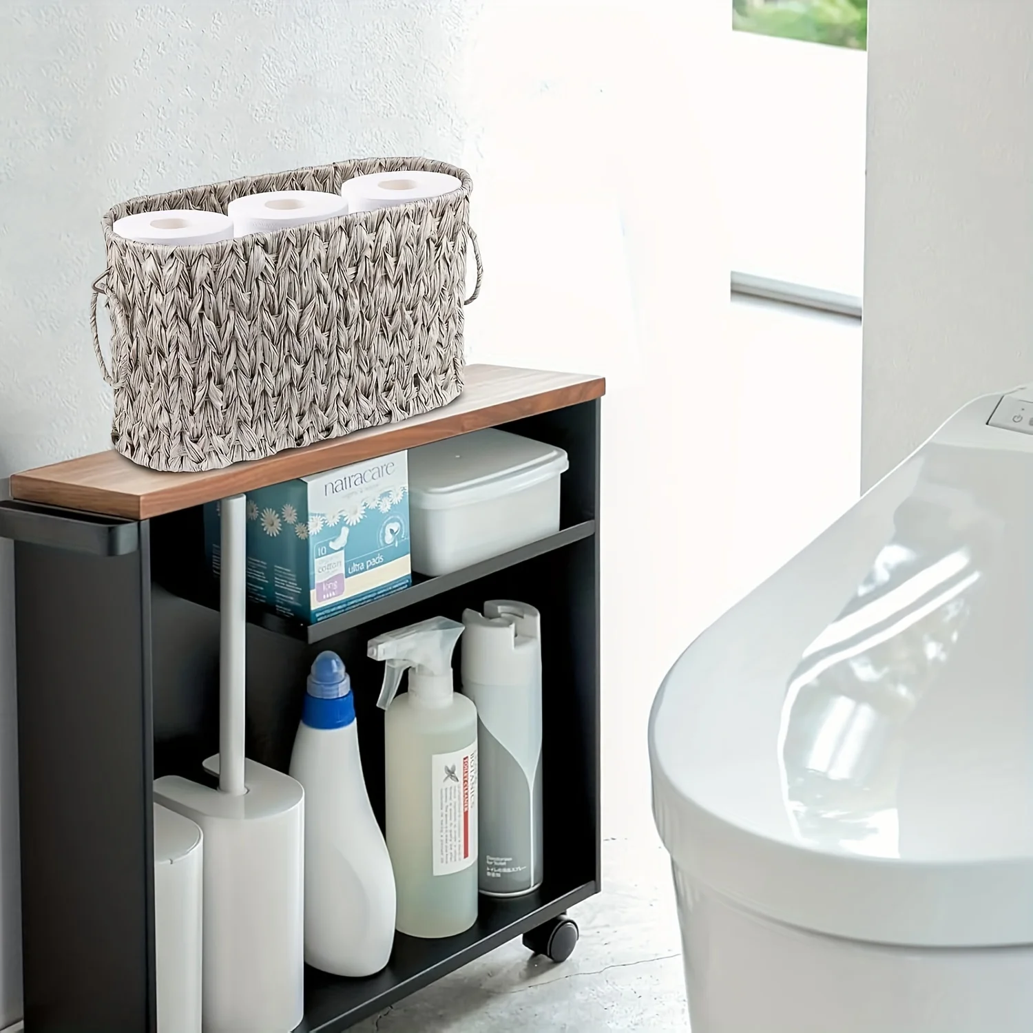 Toilet paper storage basket for bathroom tissue storage, toilet paper holder with storage, wicker basket 5