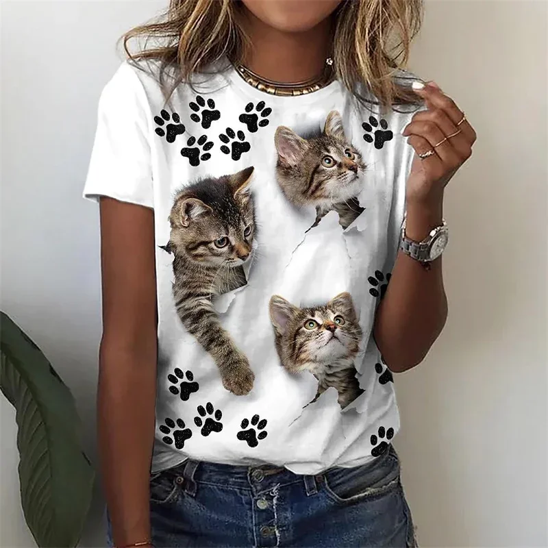 

Women Cute Cat 3D Print T Shirt Famale Top O-Neck Harajuku Kawaii Tee Casual Oversized T-Shirt Short Sleeve T-Shirts