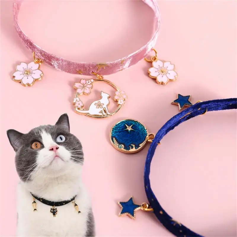 

Cute Pet Cat Collars With Moon Star Pendant Adjustable Puppy Kitten Necklace Fruits Pattern Cats Rabbit Collars With Bells