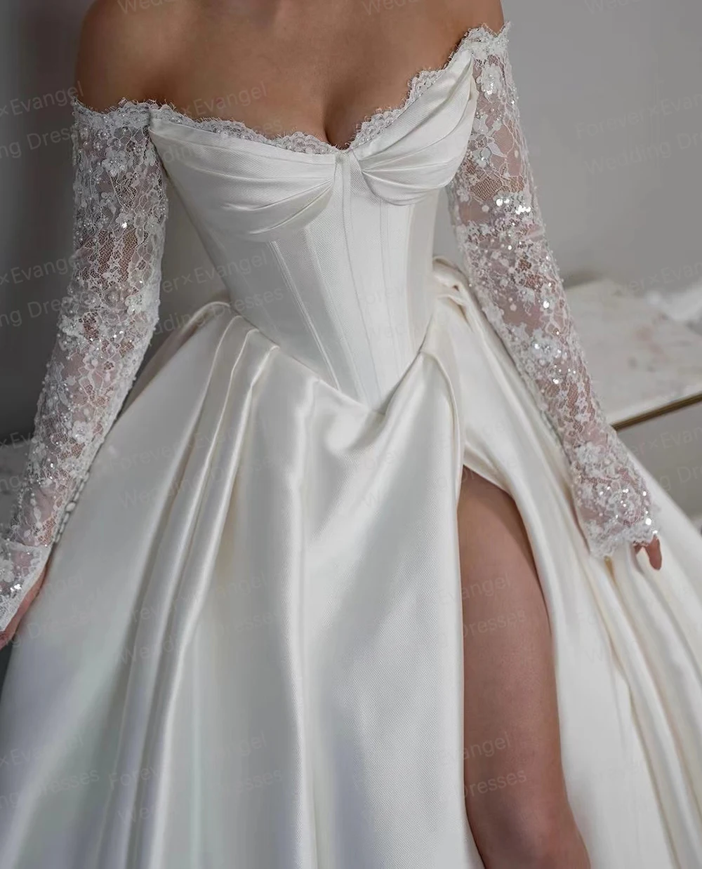 Luxury Glitter Wedding Dresses A Line Woman's Sexy Sequined Off Shoulder Bride Gowns Long Sleeve Split Vestidos Noche Customized 4