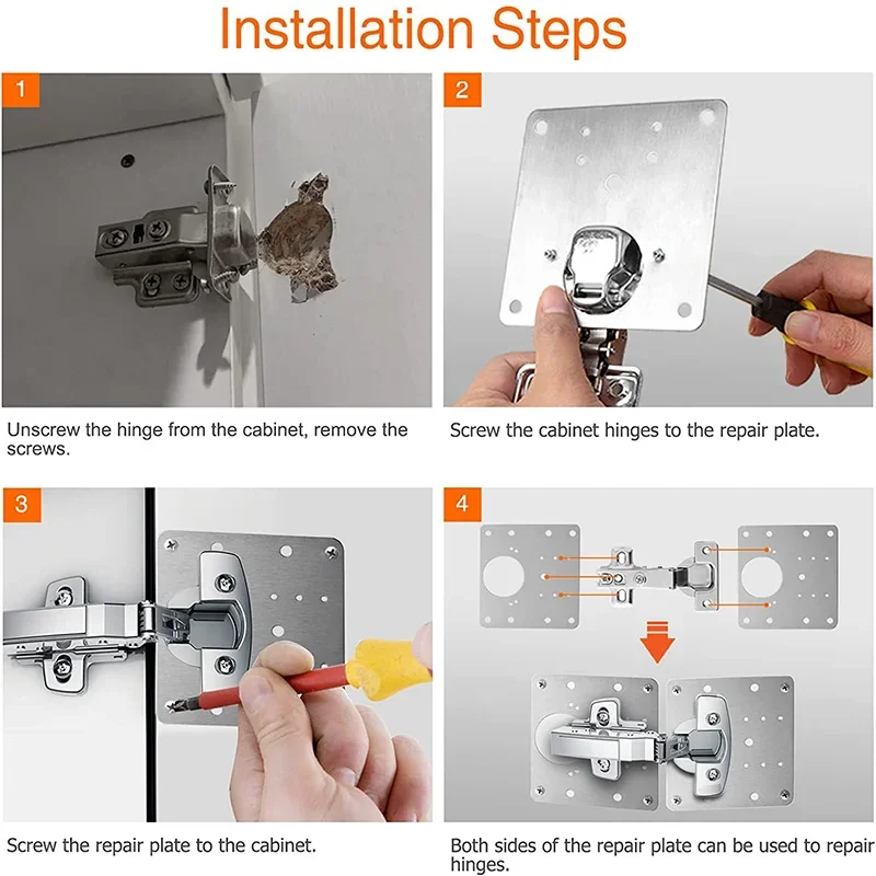 Description Picture 4 of item12 cabinet hinge repair plates, stainless steel cabinet door hinge repair bracket kit, with fixing screws