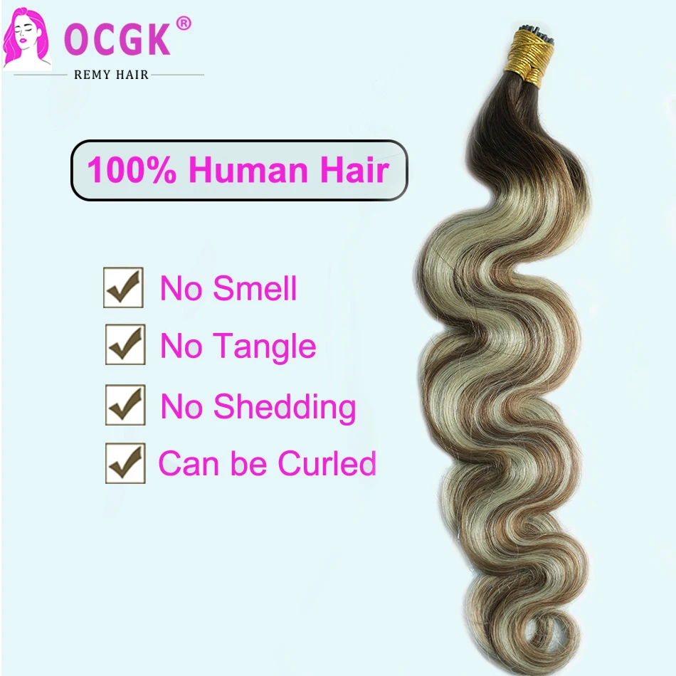T4 10/613 Body Wave Keratin I Tips Human Hair Extension Walnut Brown To Ash Brown And Bleach Blonde Human Hair I Tips Extensions