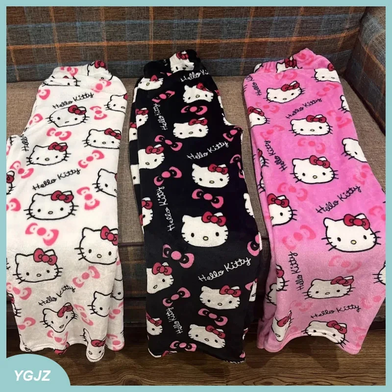 Sanrio Hello Kitty Pajamas Pants Trousers Women Cute Halloween Flannel Soft Home Autumn Winter Keep Warm Leisure Girl Gifts
