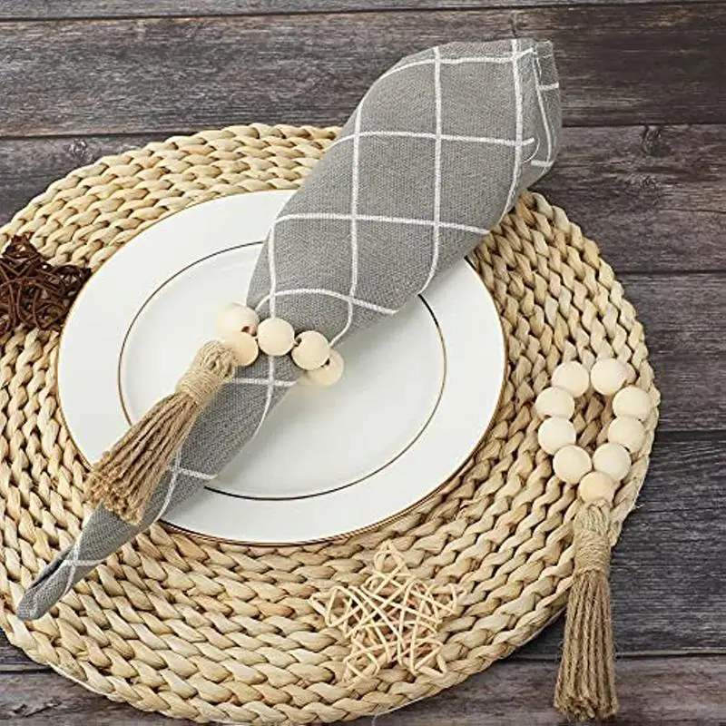 Wood Bead Napkin Rings Napkin Holders With Tassels Hand-Woven Boho Buckles For Christmas Farmhouse Wedding Home Table Decoration christmas napkin holder napkin ring