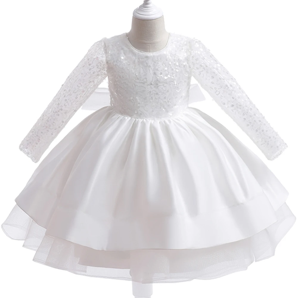 Formal Long Sleeve Lace Sequins Wedding Princess Dress Host Birthday Evening Bow Kids Dress for Girl Bridesmaid Children Clothes girls dress,princess costume,kids clothes