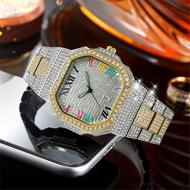 1pc / lot Cool Brand Luxury Alloy Band Full Diamond Golden Date Quartz Watches For Men Hip Hop Gifts Relogio Masculino Ouro 2024