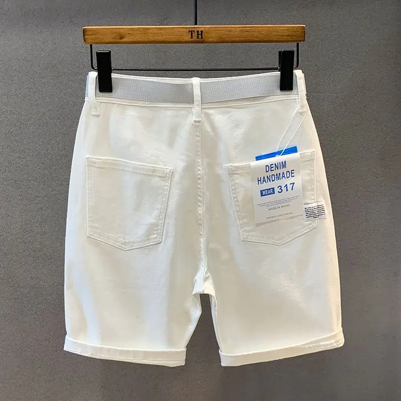 Summer Men's Casual White Denim Shorts White Loose Straight Short Pants With Belt