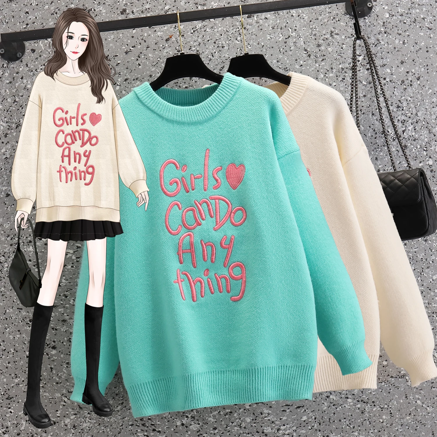

Letter Embroidery Oversized Sweater Women Korean Fashion Autumn Casual Loose O-Neck Long Sleeve Knitted Pullover Sweaters Mujer