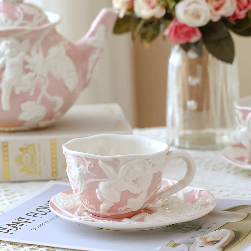 Angel Relief Retro Ceramic Teapot Tea Set Afternoon Tea Coffee Cup Plate European Palace Style Dish Kettle Set Household