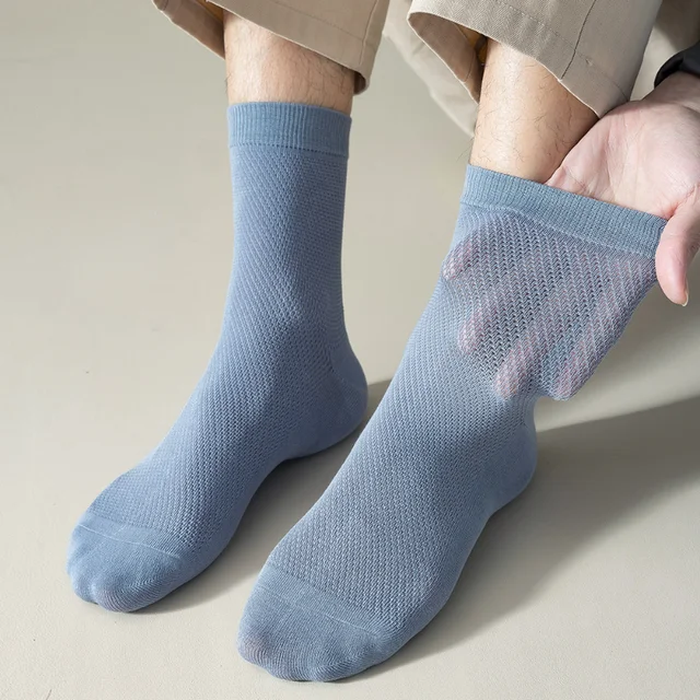 1 Pairs Men Summer Socks High Quality 96% Pure Cotton Business Deodorant Long Thin Sock Mesh Breathable Male Solid Color Casual 2