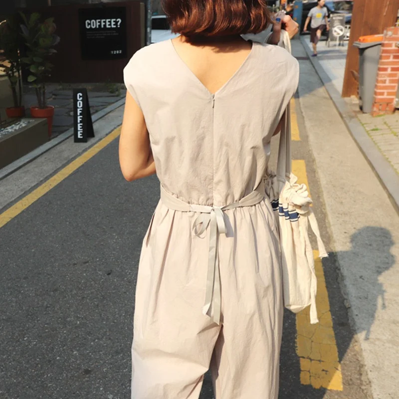 여름 새 스타일 민소매 넓은 다리 점프 슈트 루즈 피트 코튼 린넨 블루머 묶인 자른 바지 리넨 Rompers