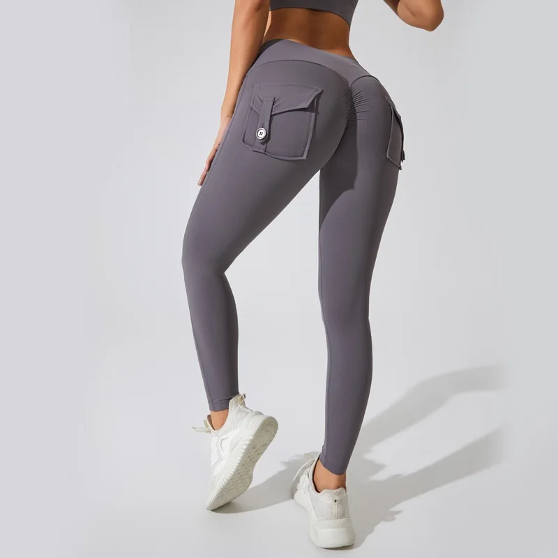 Solid Color Sexy Soft Women Yoga Legging Hight Waist Sport Pant Comprehensive Training Jog Wholesal Booty Scrunch Tooling Pocket